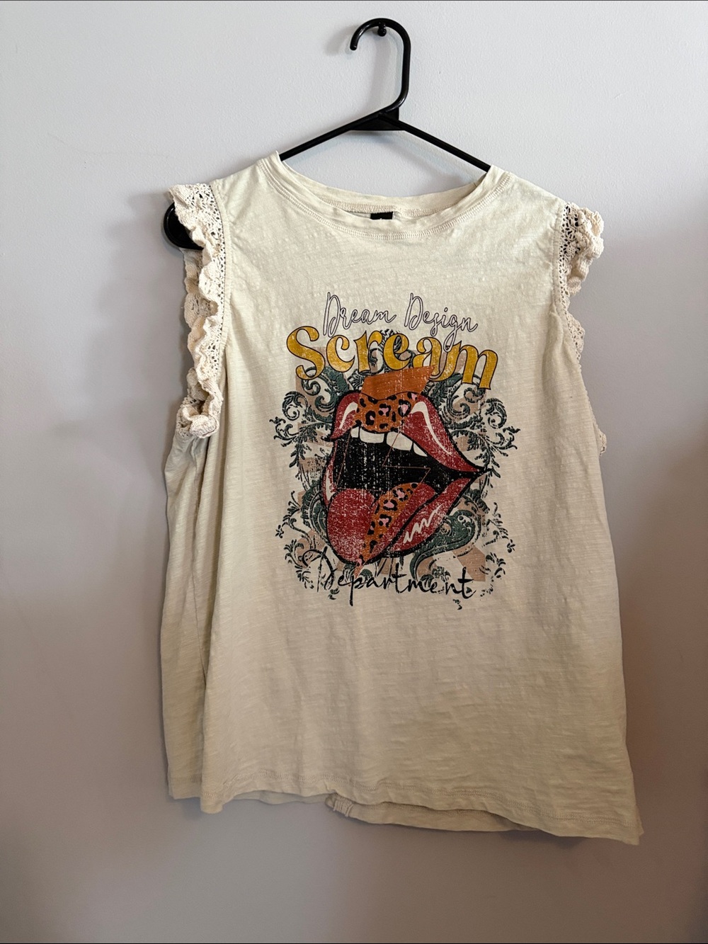 Cream Lace-Trim Graphic Women’s Tank Top